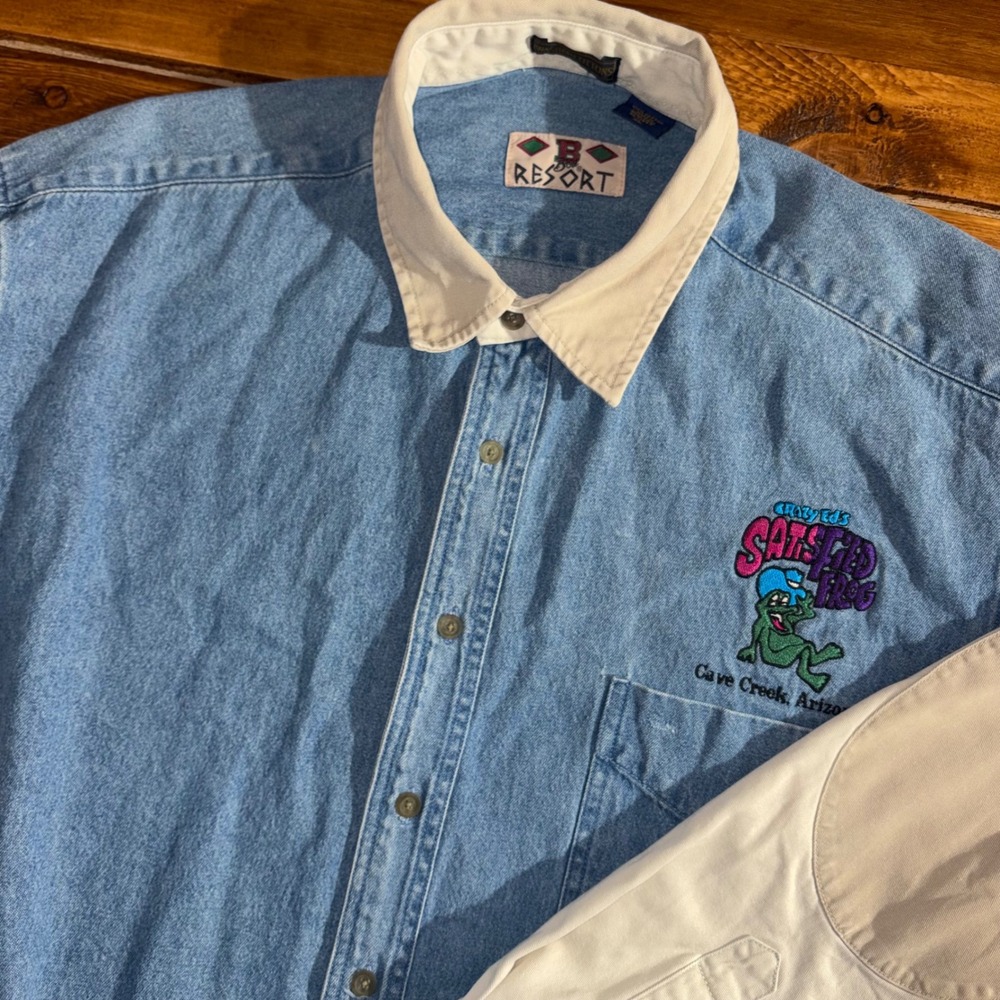 Boa Resort Denim Shirt Mens XL Blue Colorblock Crazy Eds Satisfied Frog 90s‎ AZ